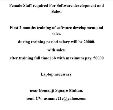 Female Staff required For Software development and Sales.
