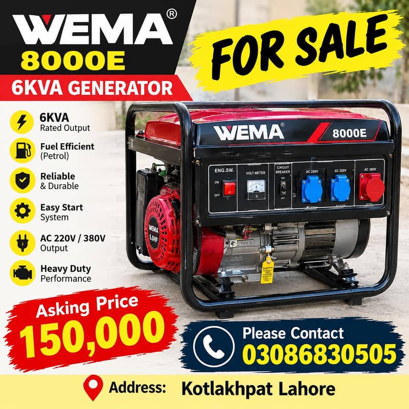 WEIMA 6KVA Generator Almost new condition 0