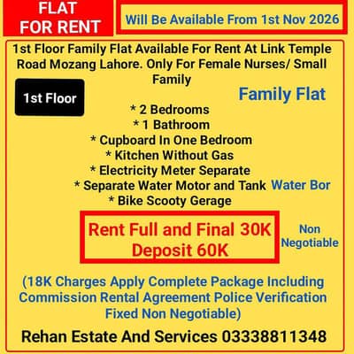1st Floor Family Flat For Rent At Link Temple Road Mozang Lahore