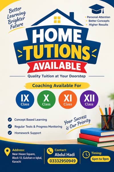 Home Tutions Available in Block 13, Gulshan-e-Iqbal