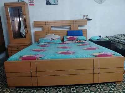 wooden bed dressing table and mattress