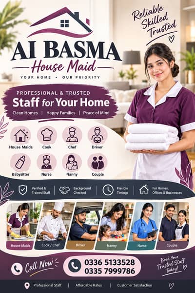 House Maid, Babysitter, Patient Care, Nanny, Nurse, Driver, Chef, Cook