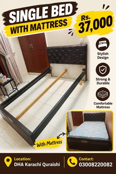 Bed | Wooden Bed | Single Bed with Mattress for Sale