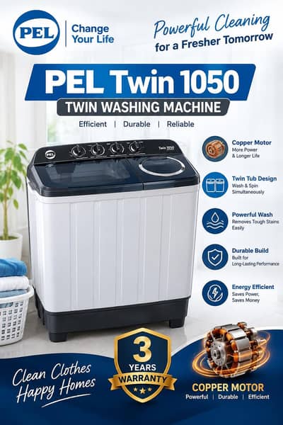 PEL 1050 Twin Washing Machine | Copper Motor |3 Year Warranty