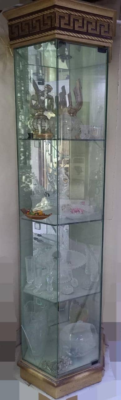 Elegant Vintage Glass & Wood Corner Showcase