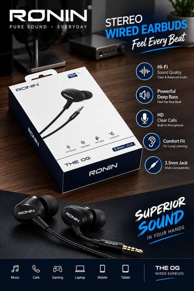 Ronin The OG Stereo Wired Earbuds – Hi-Fi Sound & Deep Bass