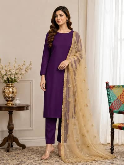 Purple Katan 3Pc Party Wear Suit With Golden Net Dupatta - Unstitched