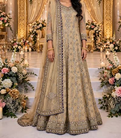 Bridal golden valima maxi with light purple touch and golden hand wor