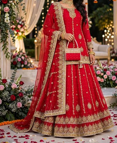 Bridal nikah red lehenga with golden hand work