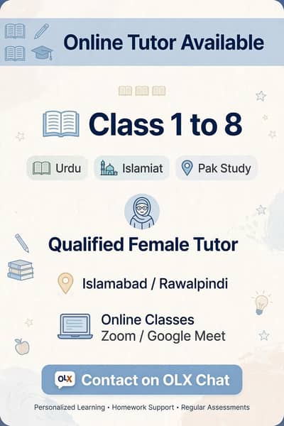 female online tutor for class 1-8- urdu ,lslamiat, Pak study _ islamba
