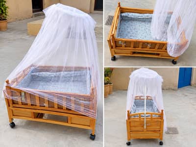 Premium Wooden Baby Jhoola / Cradle with Mosquito Net & Wheels