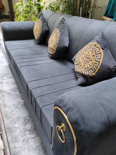 Luxury Grey/Blue Velvet Sofa Set with Golden Detailing
