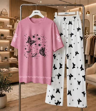 Butterfly Dreams Women's Night Suit – 2 Pcs Cotton Jersey