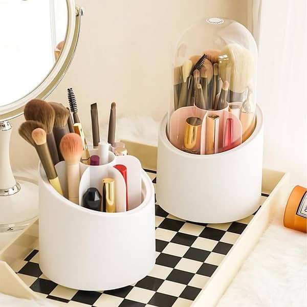 360° Rotating Clear Acrylic Makeup Organizer with Dustproof Cover, 7-Compartment Cosmetic Storage for Lipstick, Brushes & Accessories