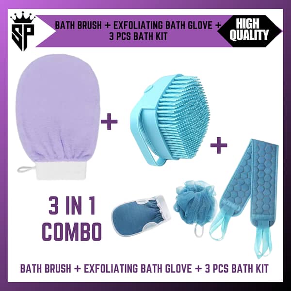 SP Dealz Bath Care Set: Bath Sponge Set (3pc) + Bath Brush + Exfoliating Glove