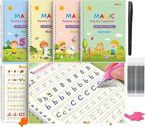 SP Dealz 4 in 1 Magic Writing Practice Book for Kids – Reusable Handwriting & Number Tracing Workbook with Magic Pen, Pencil Grip & 10 Refills