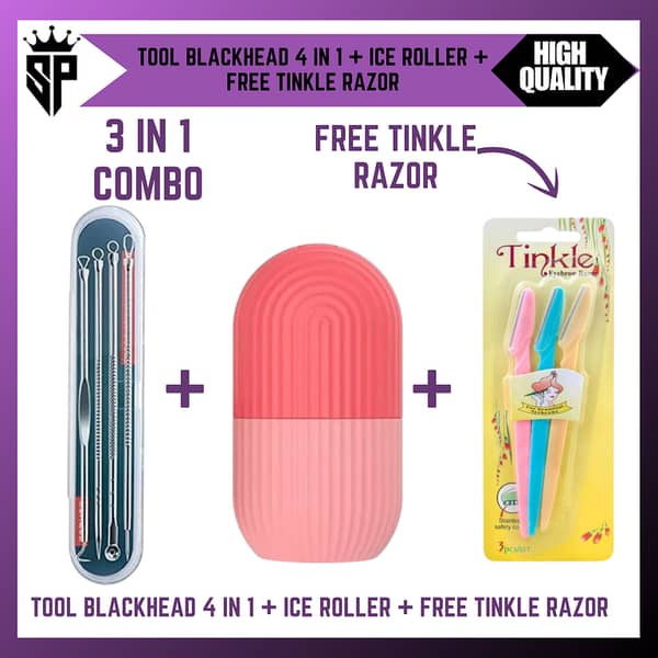 SP Dealz 3-in-1 Skin Care Kit – 4pcs Blackhead Remover Tool + Ice Roller + FREE Tinkle Razor | Face Cleaning, Acne Removal & Depuffing Set
