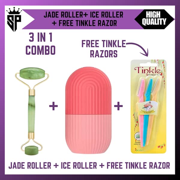 SP Dealz 3-in-1 Skin Care Set – Ice Roller + Jade Roller + FREE Tinkle Razor | Face Massage, Depuffing & Hair Removal Kit
