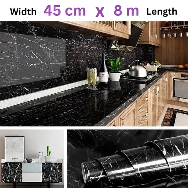 SP Dealz Black Marble Wallpaper Sticker for Kitchen – Self-Adhesive Vinyl Marble Foil Sheet, Oil- and Water-Resistant Countertop Wall Cover