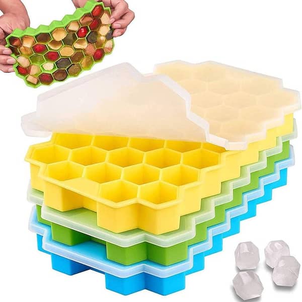 SP Dealz 37 Cavity Silicone Ice Cube Tray – Honeycomb Design Reusable Ice Mold with Lid Cover, Easy Ice Maker for Drinks, Juice, Cocktails & Home Kitchen