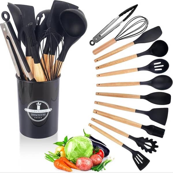 SP Dealz 12 in 1 Silicone Cooking Utensils Set – Heat Resistant Non-Stick Kitchen Tools with Wooden Handles, Spatula, Spoon & Cooking Accessories Set
