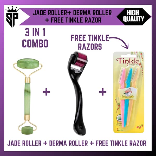 SP Dealz 3-in-1 Skin Care Kit – Derma Roller + Jade Roller + FREE Tinkle Razor | Face Massage, Skin Renewal & Hair Removal Set