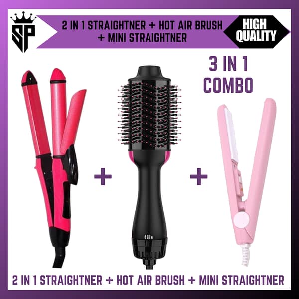 SP Dealz 3-in-1 Hair Styling Combo – Straightener & Curler + Hot Air Brush Dryer + Mini Hair Straightener | Complete Hair Styling Set