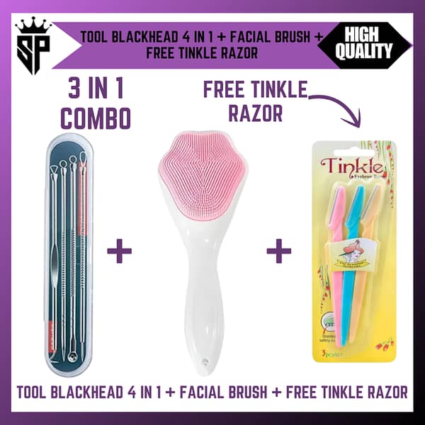 SP Dealz 3-in-1 Face Care Kit – Silicone Face Scrubber + 4pcs Blackhead Remover Tool + FREE Tinkle Razor | Deep Cleansing & Exfoliation Set