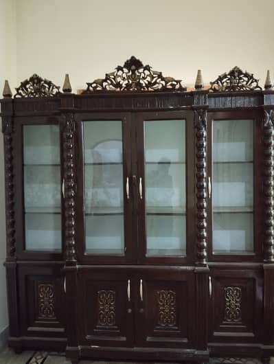 Solid Wood Carved Showcase / Crockery Cabinet – 4 Glass Doors