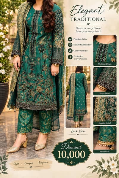 Ladies Embroidered 3 Piece Suits | Green & Yellow Party Wear Dresses