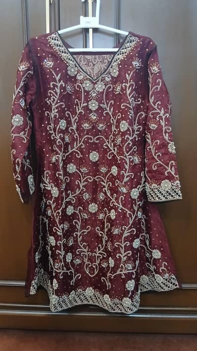 Mehroon 3Pc Heavy Embroidered Frock For Sale