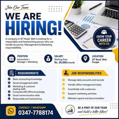 Accountant + Manager + Marketing person Required | Wahcantt