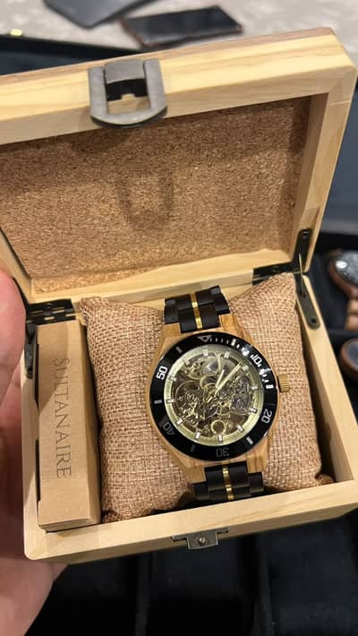 Durus | Sultanaire Wooden Automatic Watch -Gold Skeleton & Black Bezel