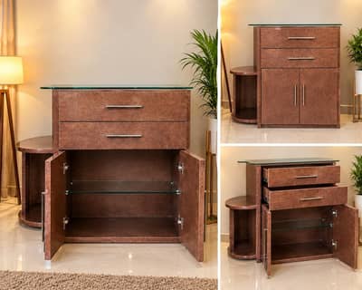 Wooden Storage Cabinet with Glass Top and hydraulic swivel bar stool
