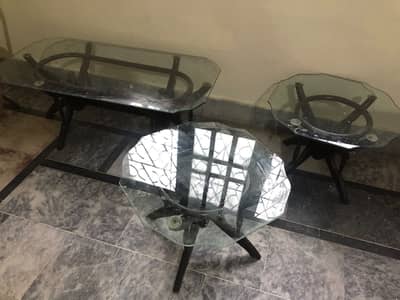 Wooden Frame Glass Top Center Table with 2 Corner Tables