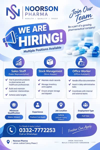 We are hiring staff , Multiple positions available