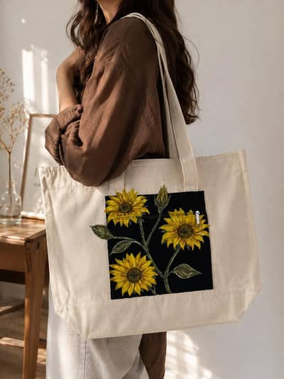 hand painted zipped and zipped pocket tote bags