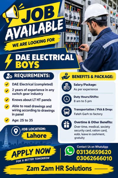 Job for DAE Electrical diploma holder Prefer 2 years Experience