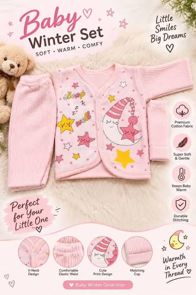 : Baby Winter 3 Pcs Set | Soft Warm Cotton | Month 0-12-1yer/ Rs 1399