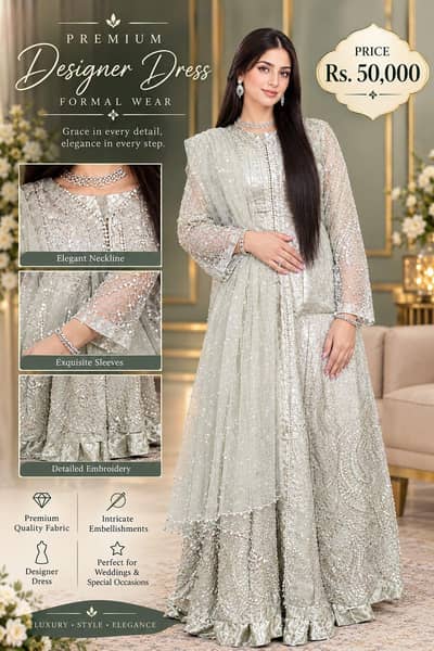 Bueatiful designer silver-white  embroidered with elegant  detailling