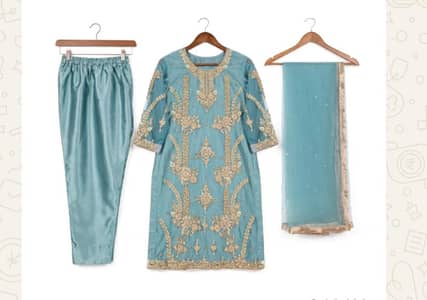 Aqua Blue kameez with dabka embellishment, net dupatta and trouser.