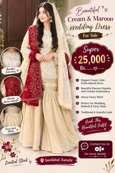 Beautiful Cream & Maroon Bridal Dress – Rs. 25,000