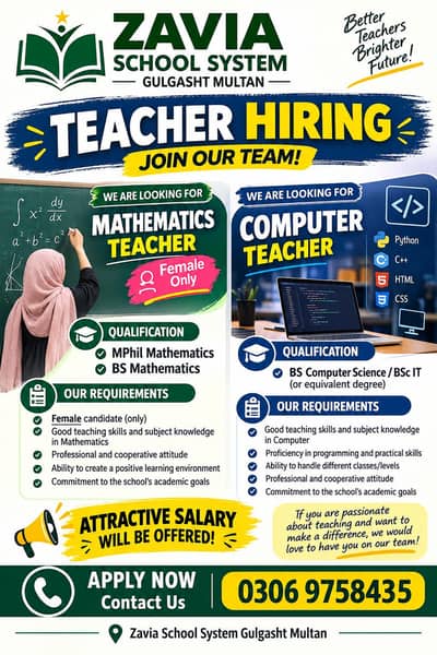 Math and computer Teacher Required (Female)