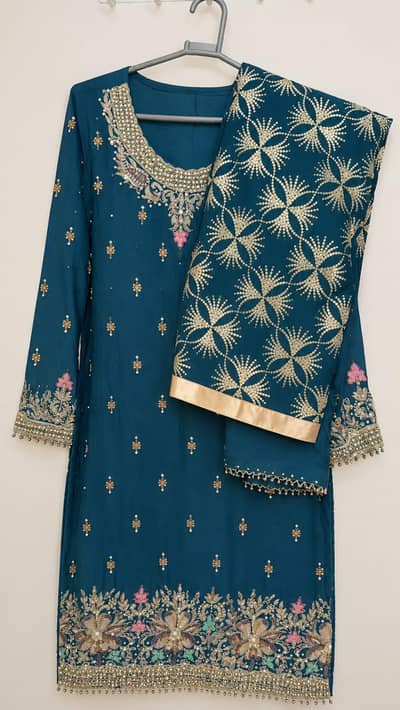 Beautiful Teal Blue Embroidered 3-Piece Suit with Dupatta