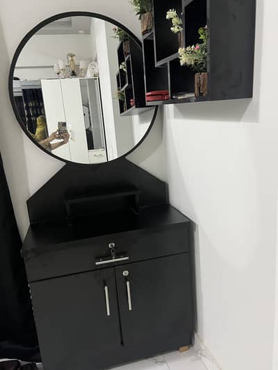 Black Dressing Table with Round Mirror & Storage