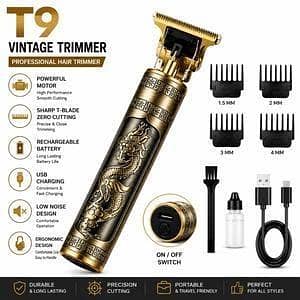 T  T9 Vintage Professional Metal Hair Trimmer for Men – Rechargeable Cordless Zero Cut Beard Trimmer & Hair Clipper with Stainless Steel Precision Blade, Powerful Motor, USB Fast Charging & Full Metal Body Retro Barber Design