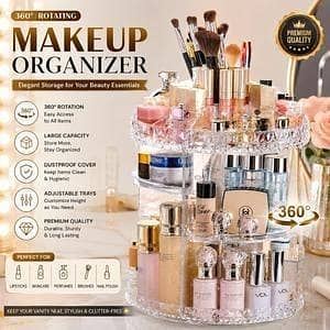 T  360° Rotating Acrylic Makeup Organizer Stand – Multi-Layer Cosmetic Storage Holder for Makeup Brushes, Lipsticks, Skincare & Beauty Accessories | Transparent Desktop Vanity Organizer for Dressing Table & Bathroom Use