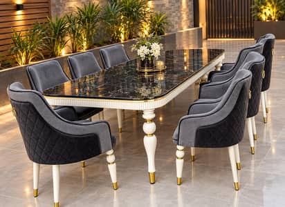 Modern luxury 6-seater dinning set with velvet unpholstered chairs