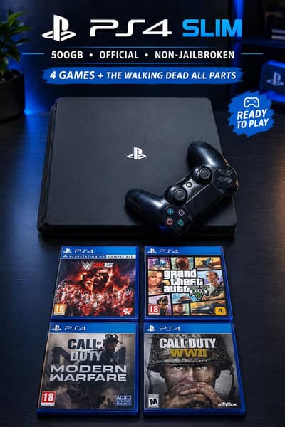 PS4 Slim with 500GB official + 4 Games and walking dead all parts