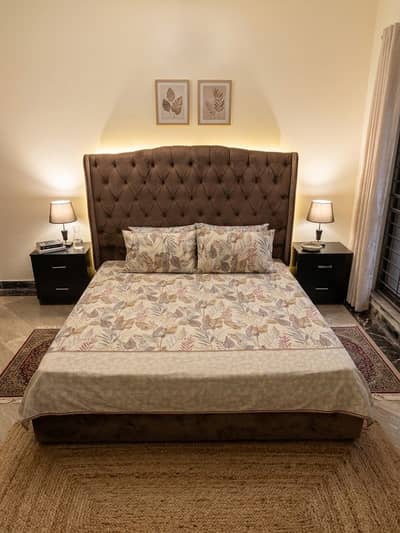 Tufted Velvet King Size Bed with Side Tables